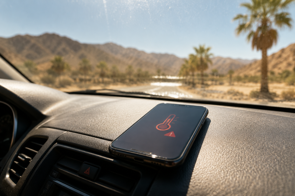 Smartphone overheating on a car dashboard in direct Las Vegas sun